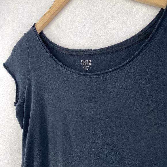 EILEEN FISHER Top PM Fine Cotton Jersey Rolled Hem Scoop Neck Short Sleeve Black - Picture 2 of 13